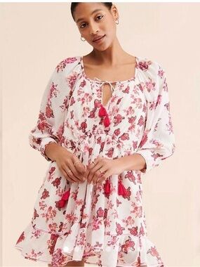 Free People White Mini Dress with Pink Floral Tassels